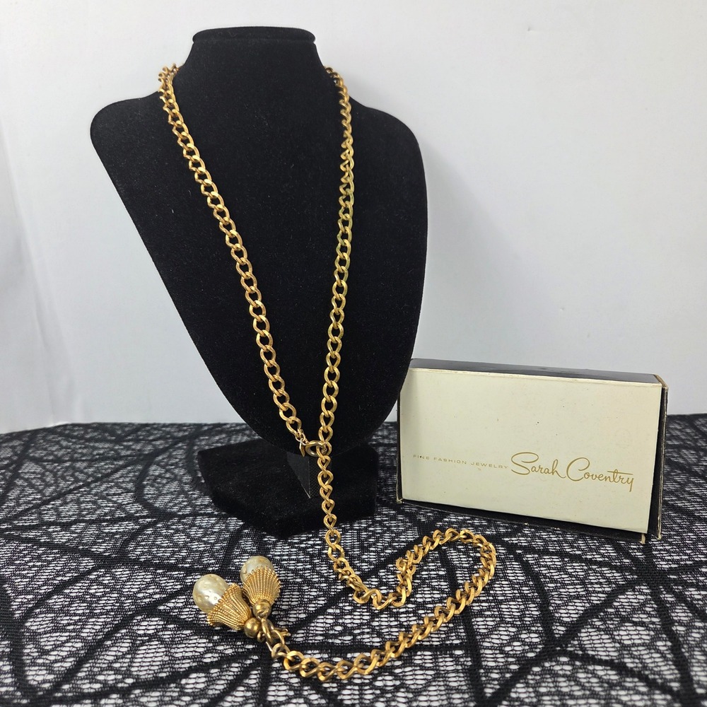 Sarah Coventry Vintage Gold Tone Faux Pearl Tassel Lariat Necklace with Box